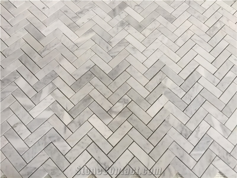 Carrara Mosaic Honed Herringbone Carrara Mosaic