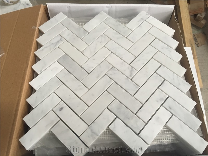 Carrara Mosaic Honed Herringbone Carrara Mosaic