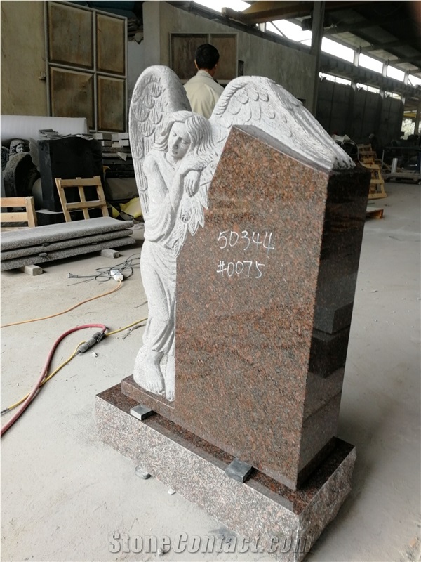 India Mahogany Monument with Angel Standing Carved