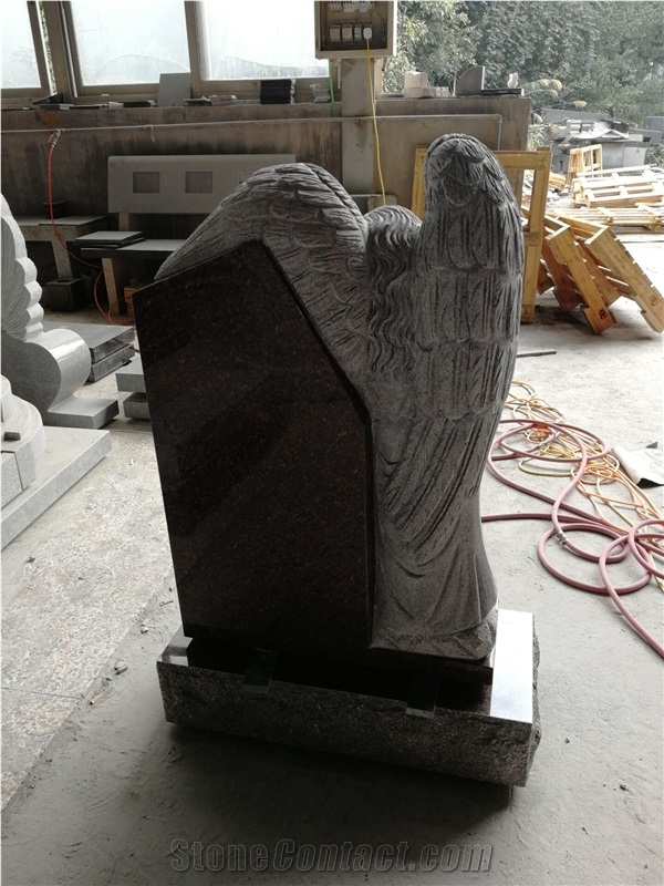 India Mahogany Monument with Angel Standing Carved