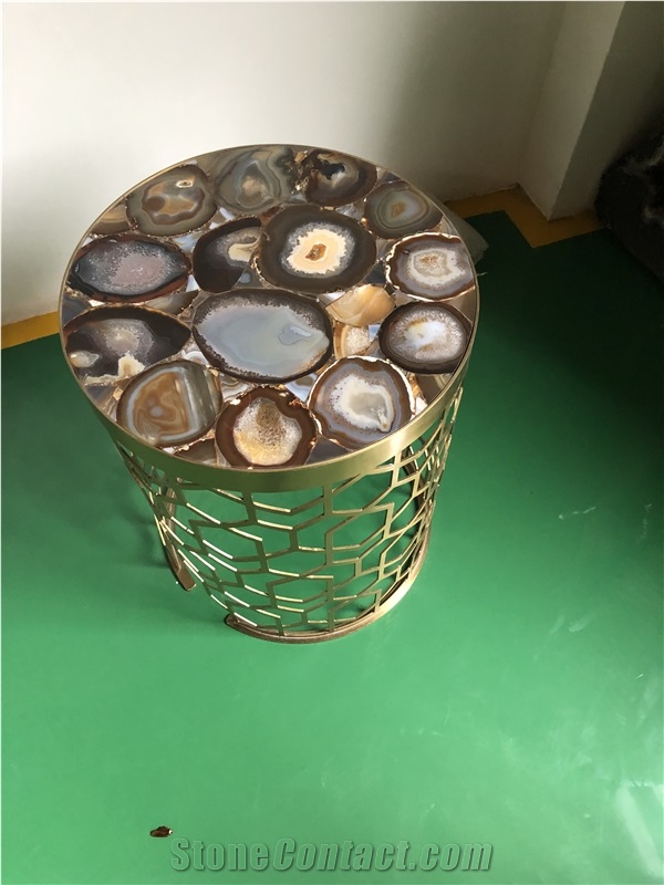 Semi Precious Stone Grey Agate Side Table