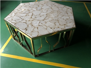 White Agate Hexagon Semiprecious Table Top