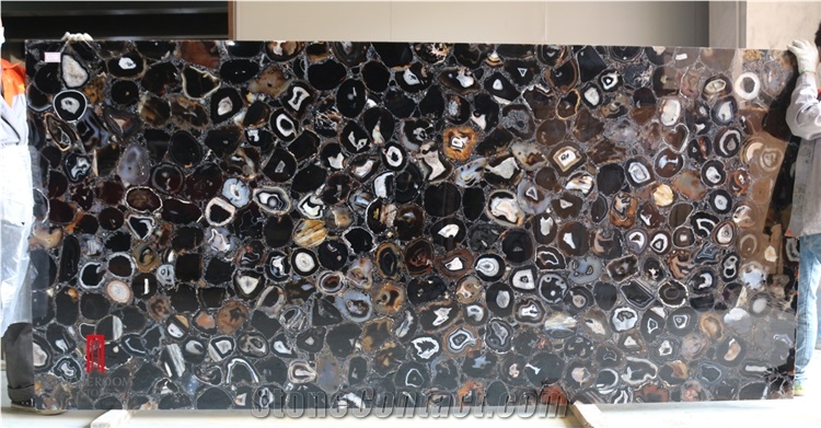 Backlit Black Solid Agate Gemstone Slabs Panel