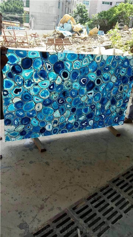 Backlit Semiprecious Stone Blue Agate Slab