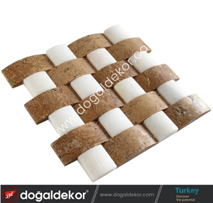 Noce Travertine and White Marble Wall Mosaic Tile