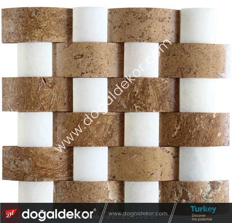 Noce Travertine and White Marble Wall Mosaic Tile