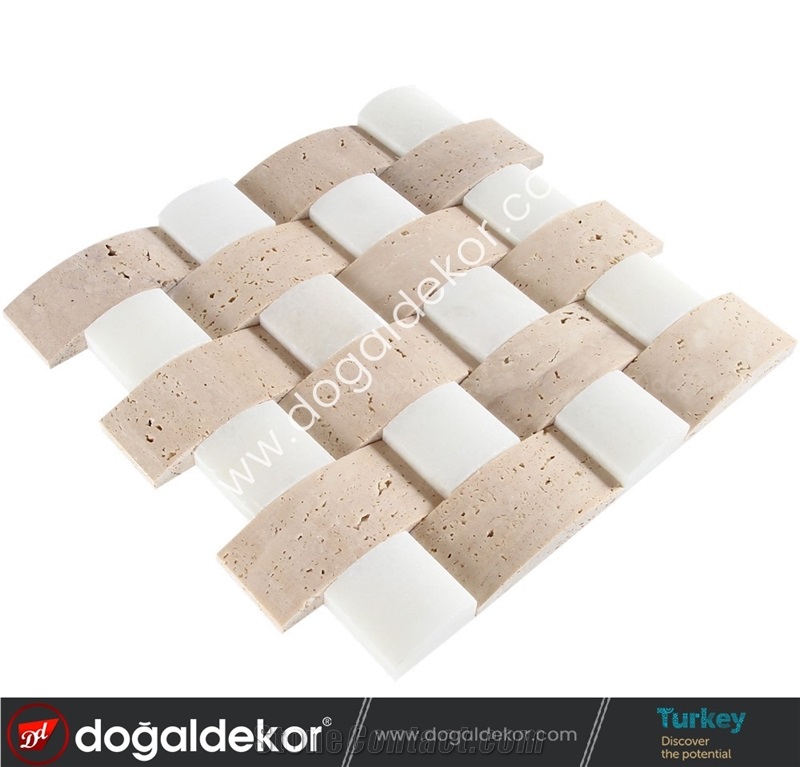 Travertine and White Marble Wall Mosaic Tile