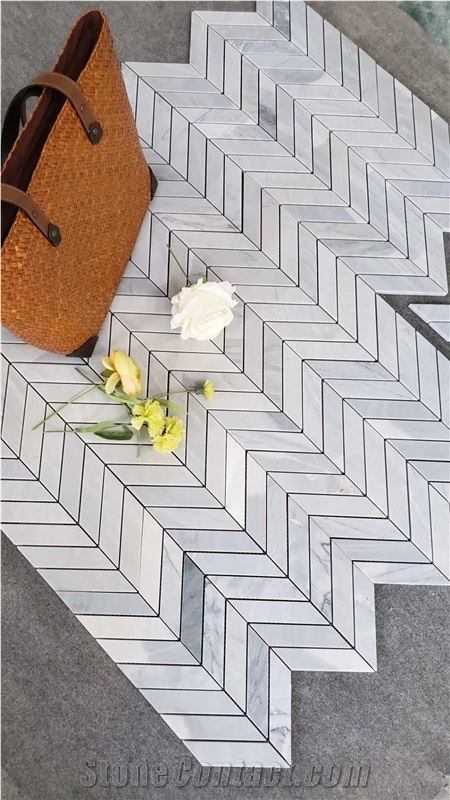 Herringbone Carrara White Mosaic