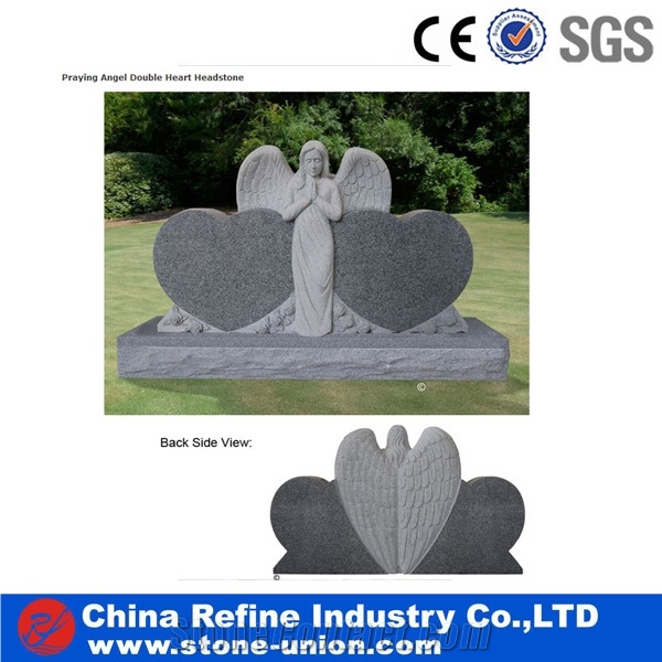 Grey Granite Double Angel and Heart Headstone