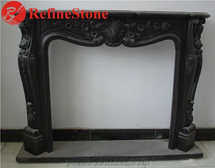 Hand Carved Natural Black Marble Fireplace Mantel