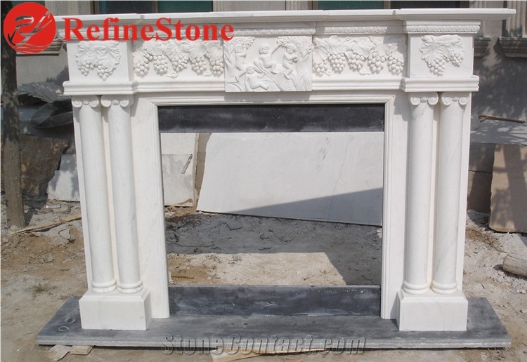 Pillar Carved Fireplace Mantel in White Marble