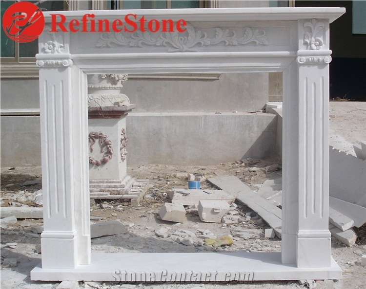 Pillar Carved Fireplace Mantel in White Marble