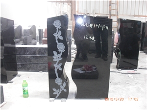 Black Granite Headstones with Flowers Engraving