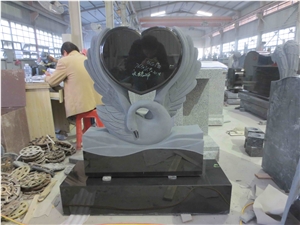 Black Granite Swan Statue Heart Shape Headstone