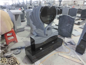 Black Granite Swan Statue Heart Shape Headstone