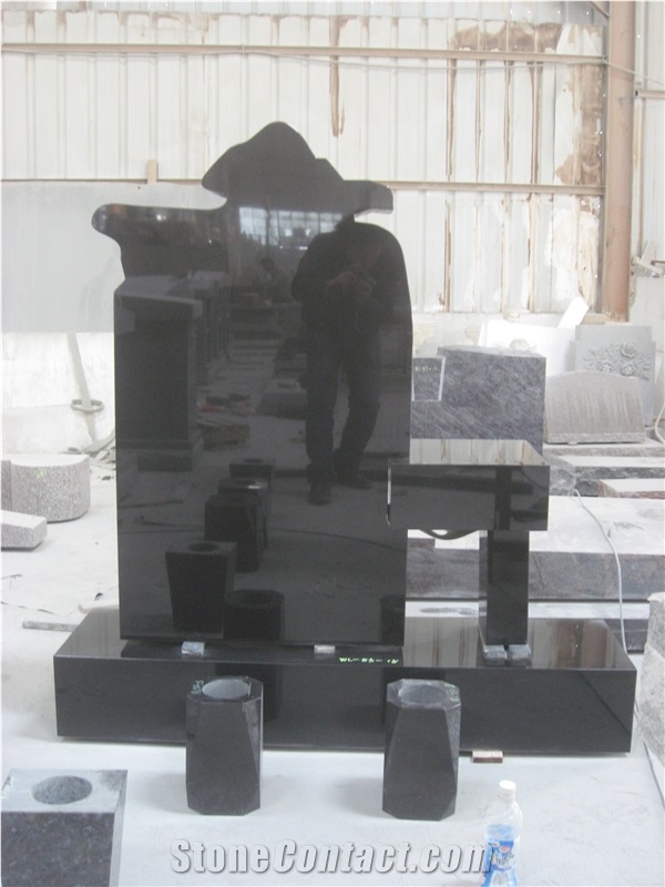 Black Granite Upright Headstone with Bench