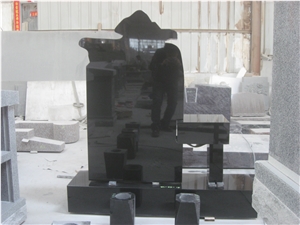Black Granite Upright Headstone with Bench