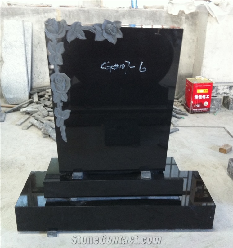 Black Upright Headstone with Flowers Engraving