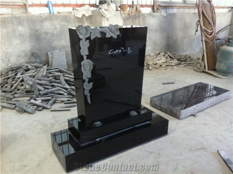 Black Upright Headstone with Flowers Engraving