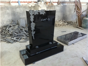 Black Upright Headstone with Flowers Engraving