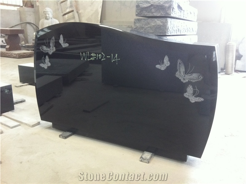 Cemetery Usage Black Headstone with Butterflies