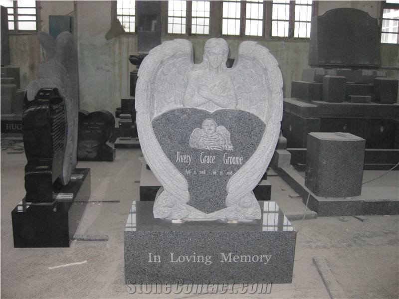 Dark Grey Granite Engraved Angel Monument 04