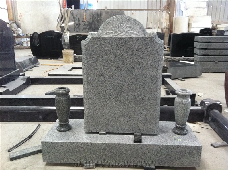 G633 Gray Granite Upright Headstone with Vases