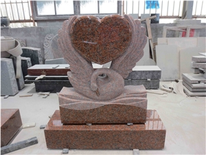 Red Granite Swan Statue Heart Shape Headstone