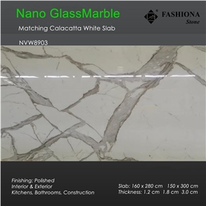 Calacatta Nano White Glass Marble Matching Slab