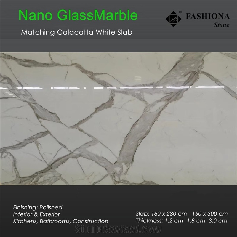 Nano Calacatta White Glass Marble Matching Slabs