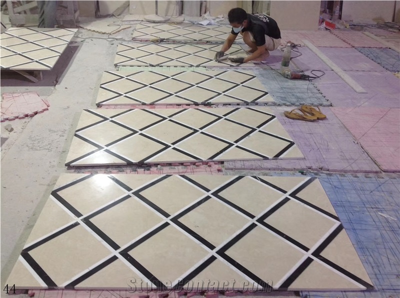 Beige Marble Tile Floor Square Waterjet Medallions