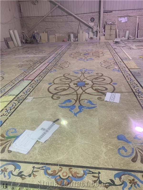 Beige Marble Tile Floor Square Waterjet Medallions