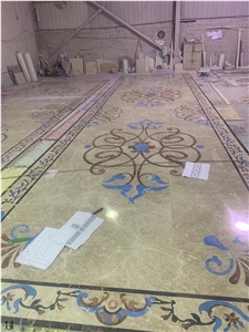 Beige Marble Tile Floor Square Waterjet Medallions