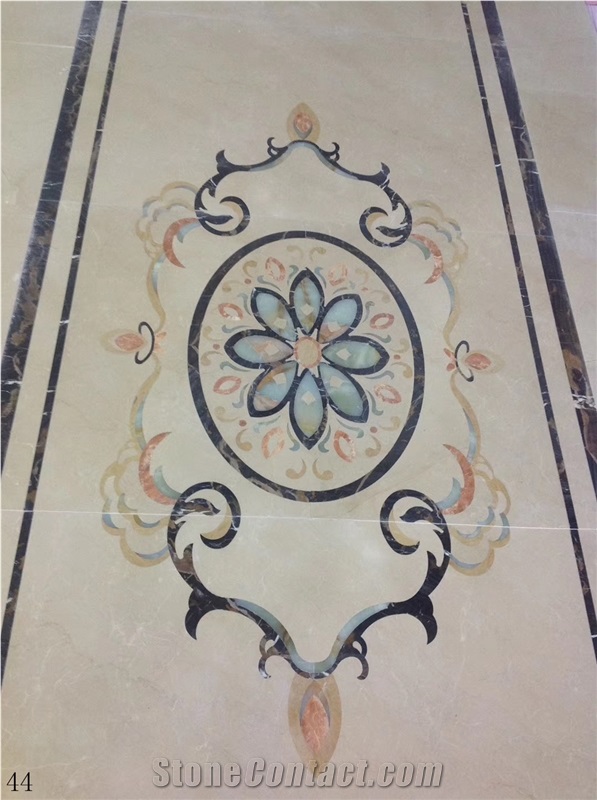 Beige Marble Tile Floor Square Waterjet Medallions