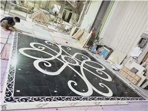Black Marble Square Tile Floor Waterjet Medallions