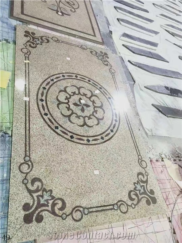 Black Marble Square Tile Floor Waterjet Medallions