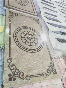 Black Marble Square Tile Floor Waterjet Medallions