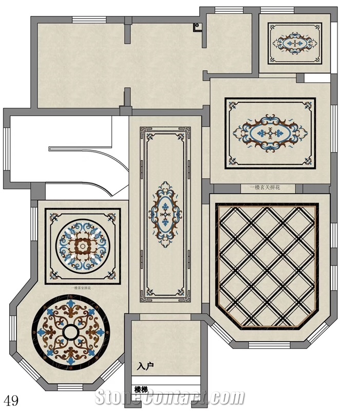 Black Marble Square Tile Floor Waterjet Medallions