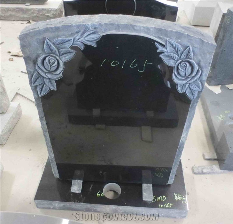 Black Granite Engraved Flower Upright Monument