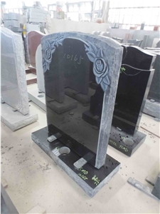 Black Granite Engraved Flower Upright Monument