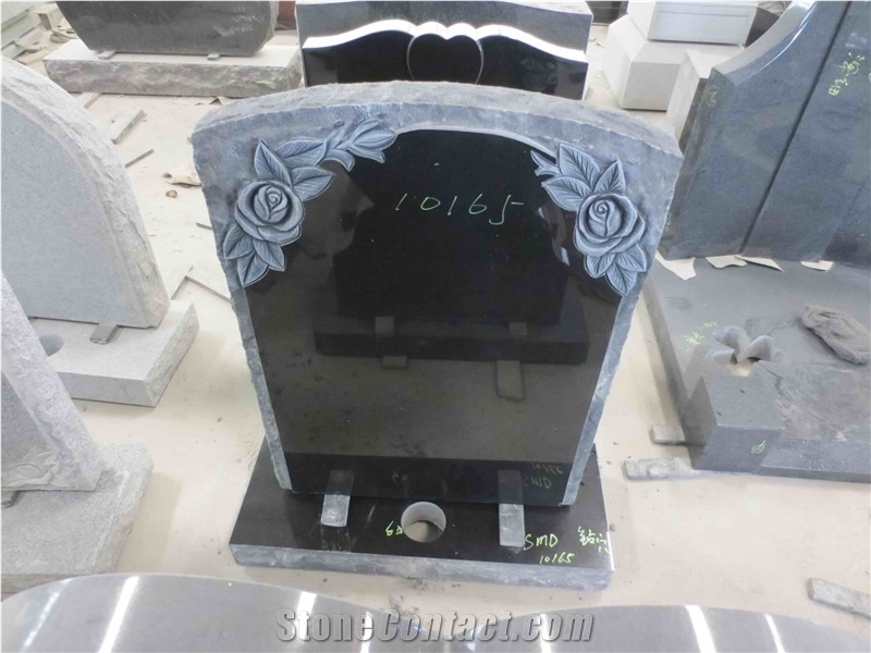Black Granite Engraved Flower Upright Monument