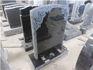 Black Granite Engraved Flower Upright Monument