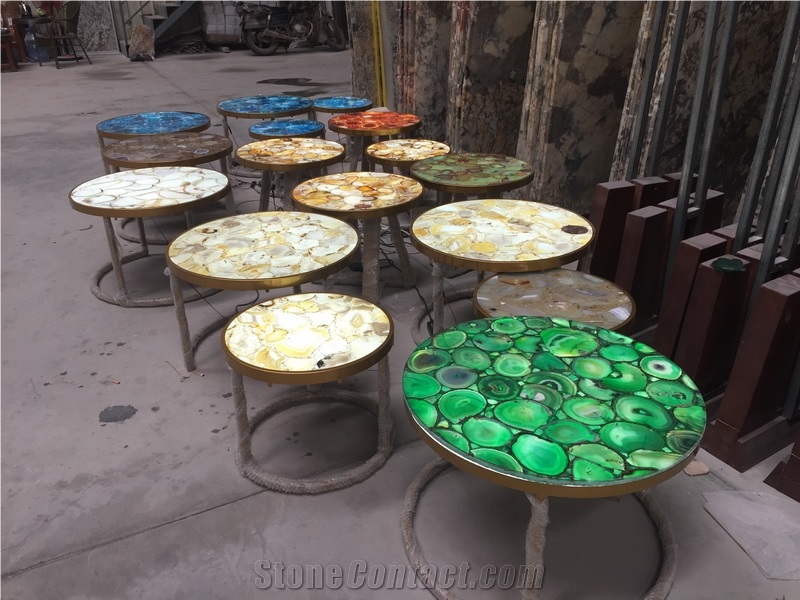 Blue Agate Stone Round Table,Semiprecious Desk