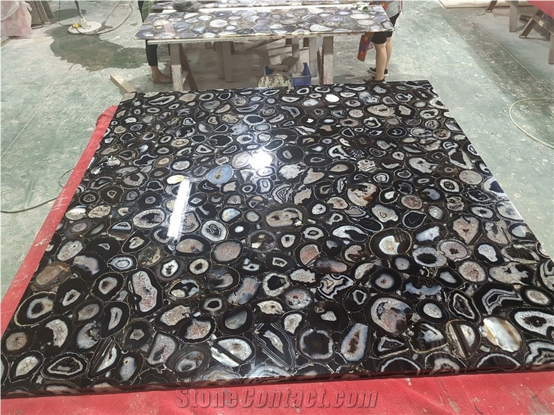 Black Agate Semiprecious Stone Cafe Table Tops