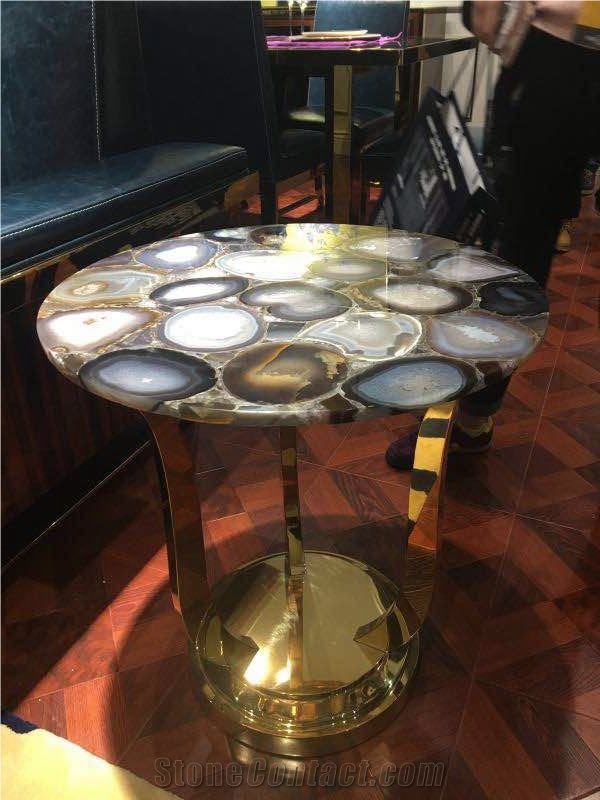 Grey Agate Semiprecious Stone Cafe Table Tops