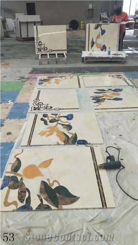 White Blue Marble Rectangular Waterjet Medallion