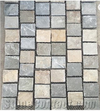 China Yellow Cube Stone Paving Stone on Mesh