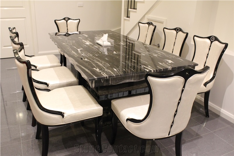 Silver Dragon Black Marble Interior Rectangle 8 Seat Dinner Table