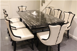 Silver Dragon Black Marble Interior Rectangle 8 Seat Dinner Table