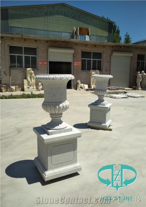 Handcraft Carved Stone Round Flower Pot Natural Granite